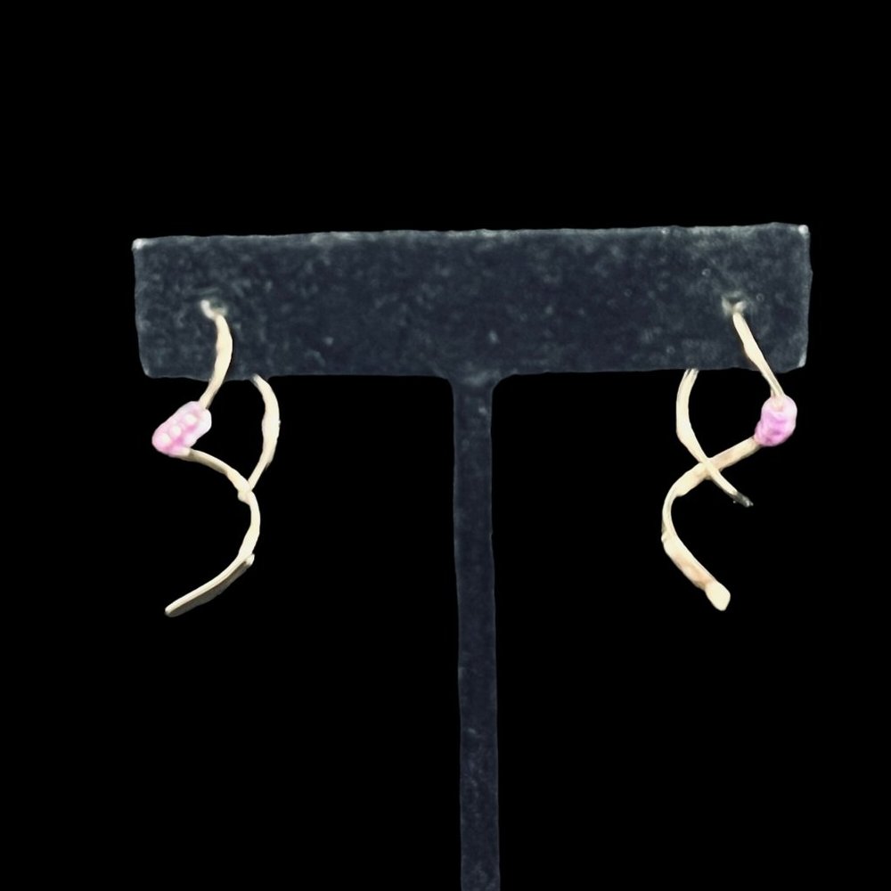 Gold Tone And Pink Beads Pierced Earrings (4934)